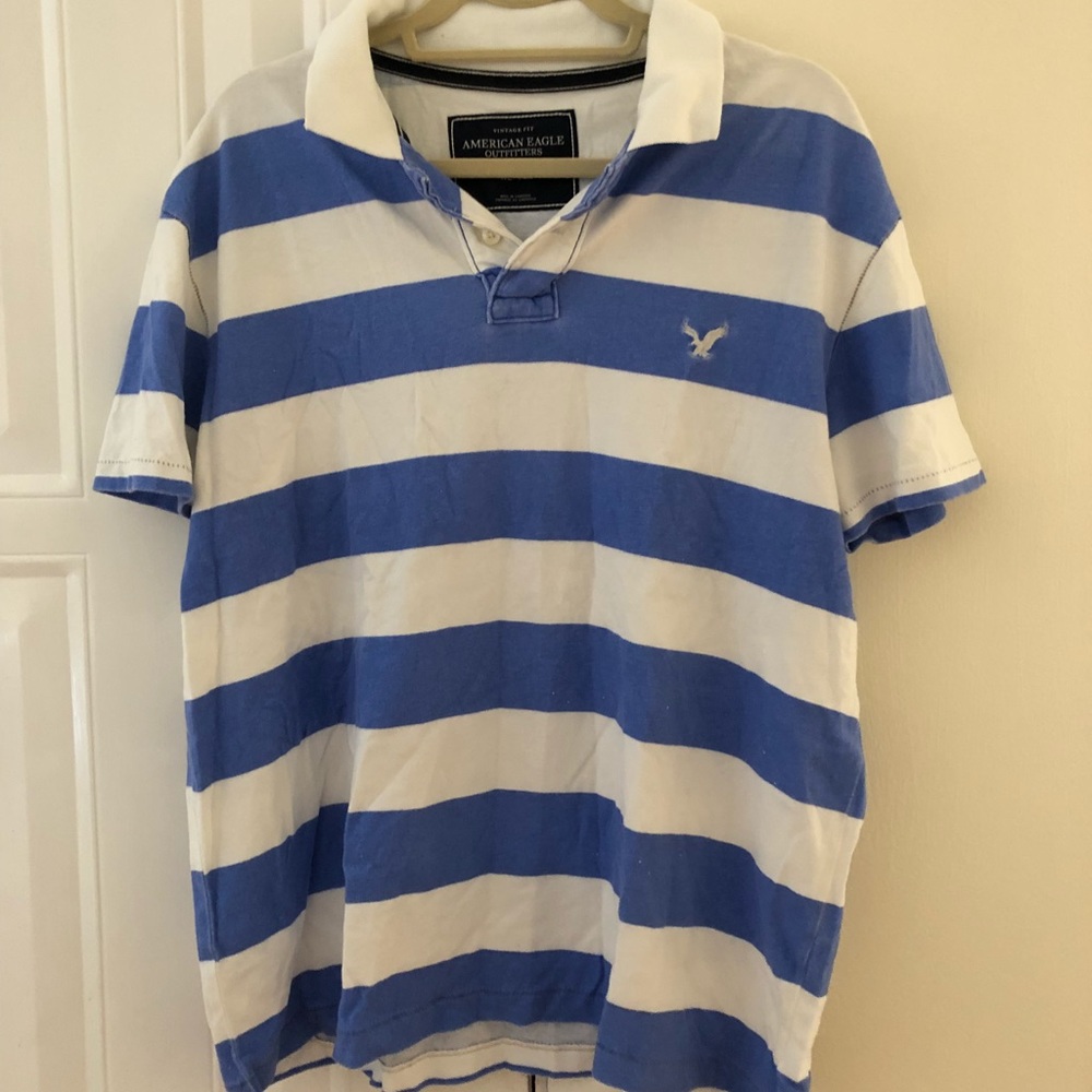 American Eagle blue and white striped polo